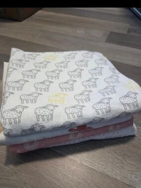 George White Baby Blanket with Grey Sheep and Yellow Accent
